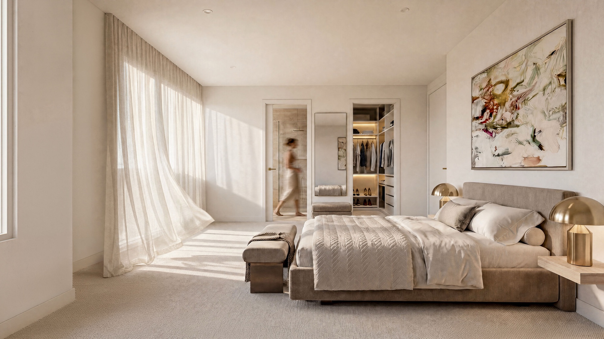 UNE bedroom with a warm, restrained interior palette.
