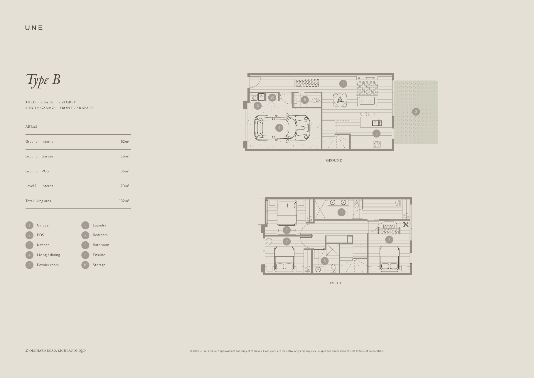 UNE Type B floorplan with ground and level one layouts and revised area dimensions.