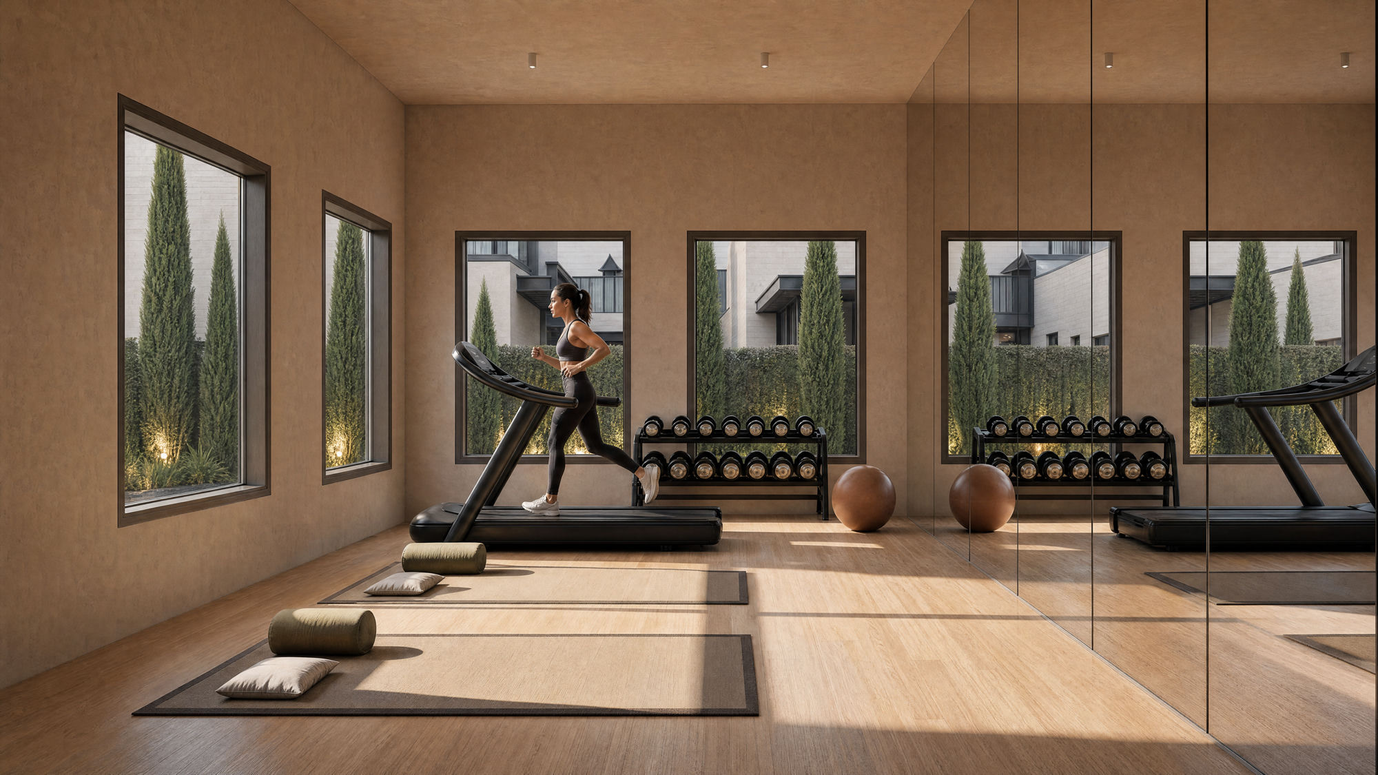 Soma residents' gym with cardio equipment, free weights and garden outlooks.