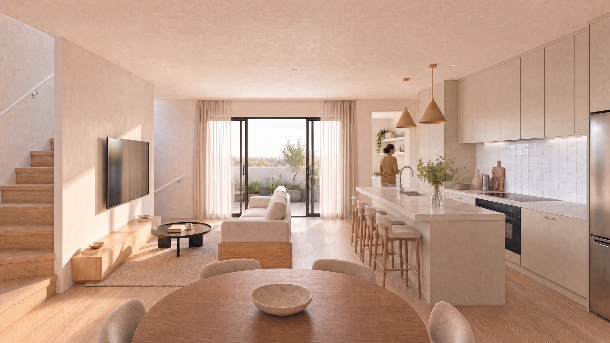 Open-plan kitchen and living area with a garden outlook.