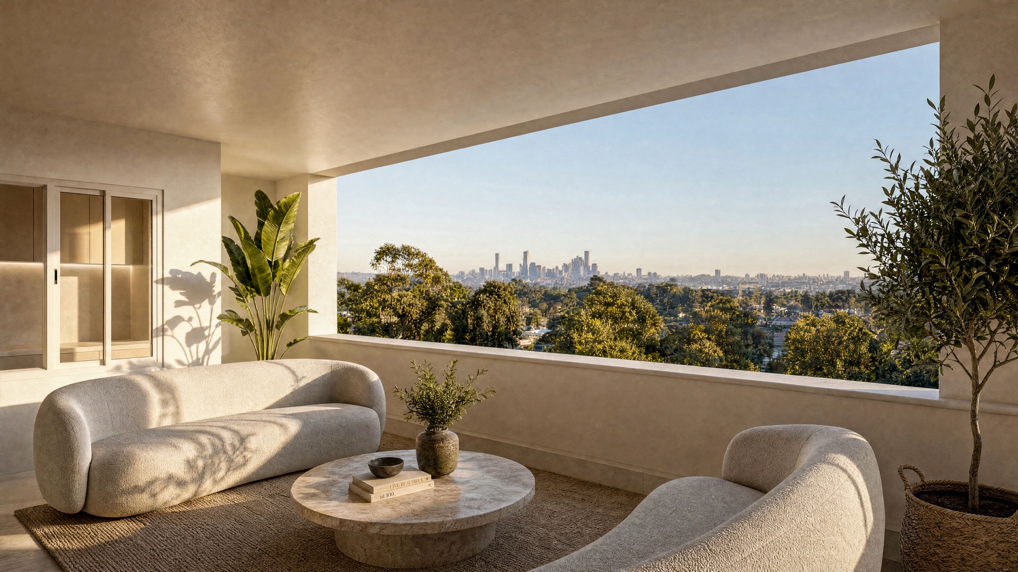 Open-plan living room framing the Brisbane skyline at golden hour.