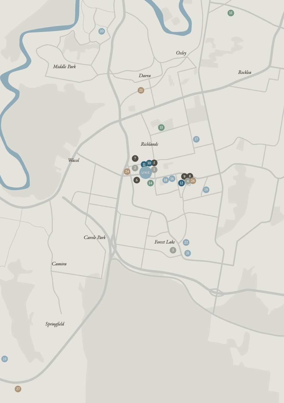 Map showing UNE Residences in Richlands and surrounding transport, shopping and recreation.