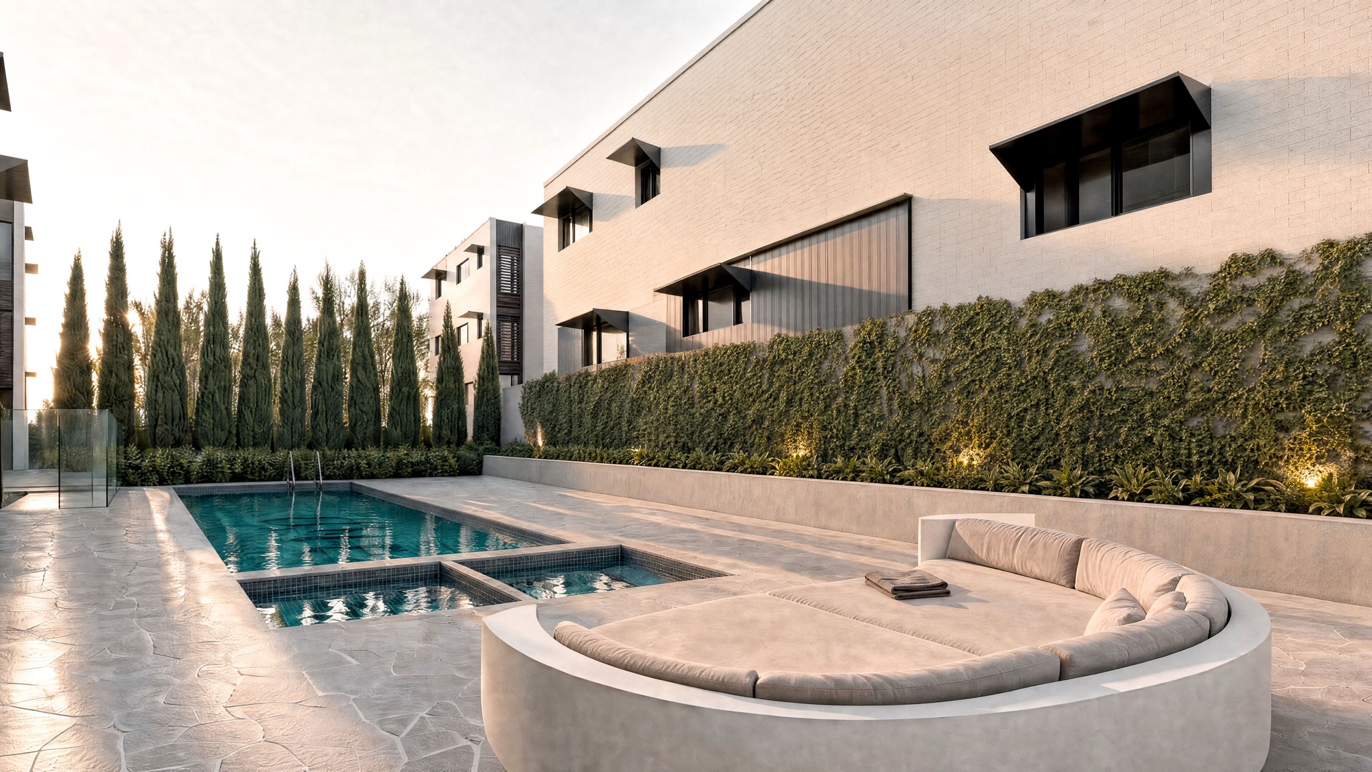 Soma residents' pool, spa and landscaped terrace.